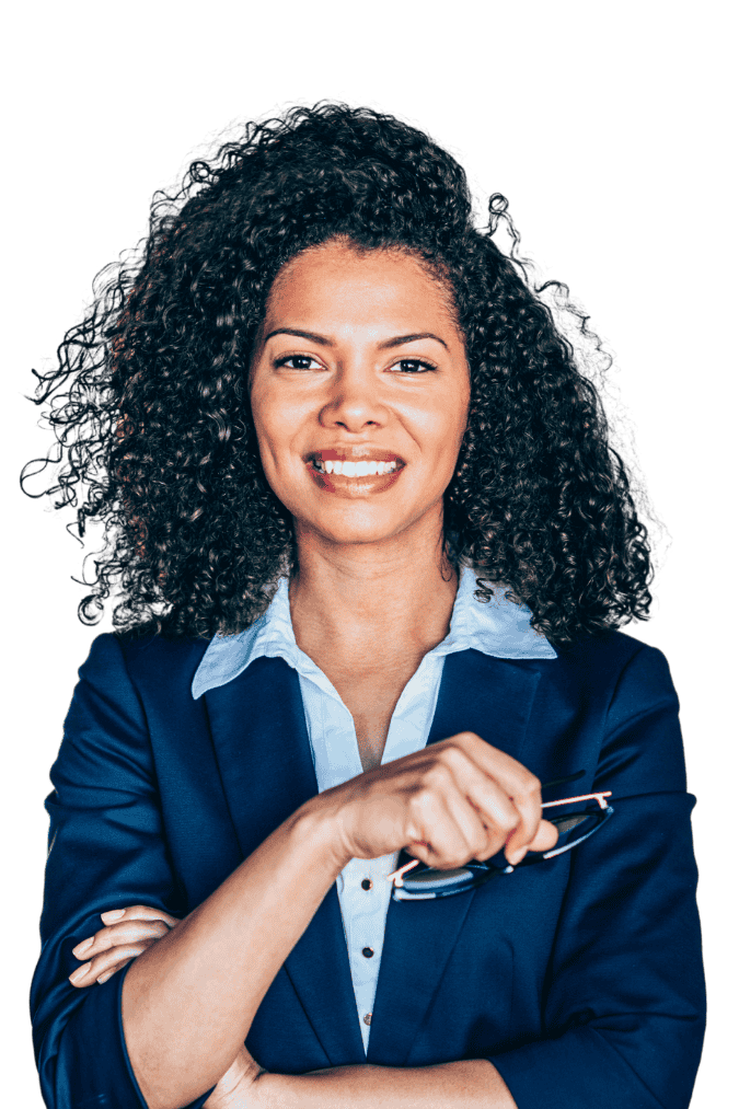 Black woman holding glasses with a blue business suit on and curly hair.