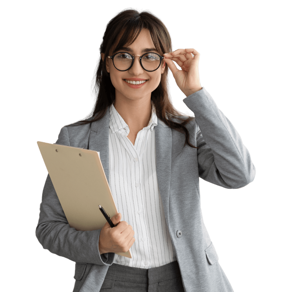 Psychologist with a clipboard holding her black glasses - Rowan Center Careers