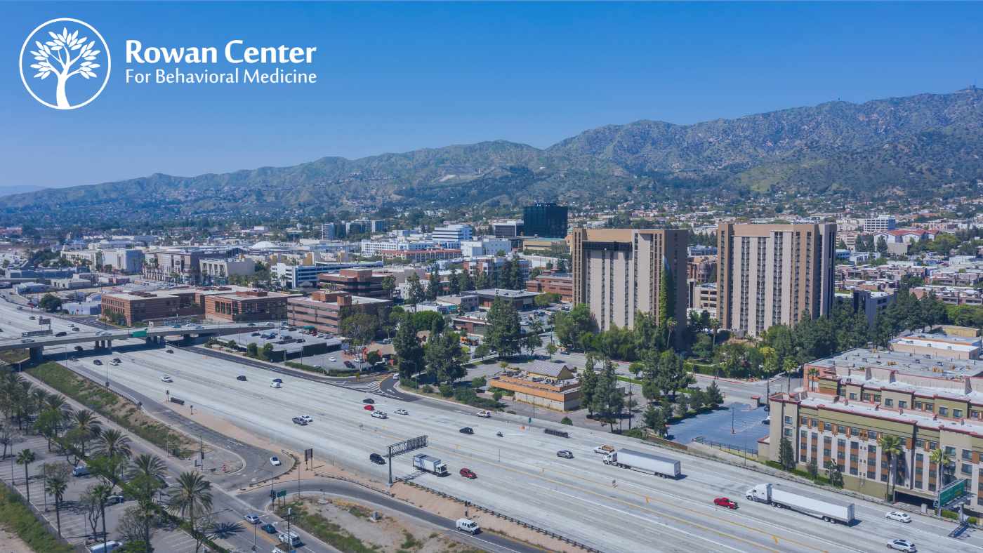 Aerial photo of Burbank California showing the highway and buildings where the Rowan Center for Behavior Medicine office provides therapy for patients