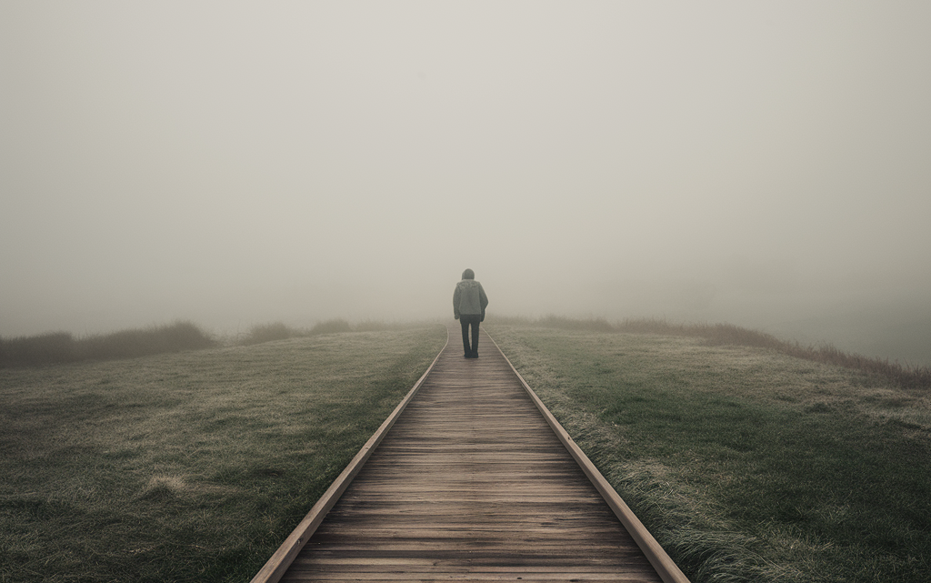 Person walking through a dense fog on railroad tracks